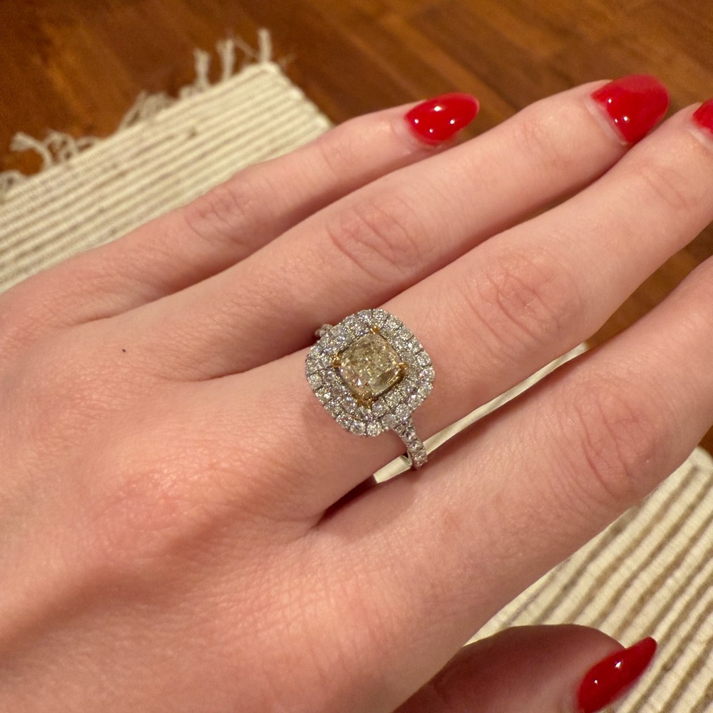 1.28 carat cushion cut yellow diamond engagement ring